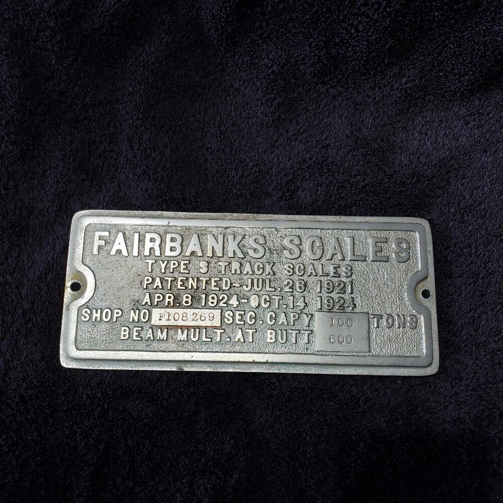 VINTAGE FAIRBANKS SCALES TYPE S TRACK SCALES BUILDERS PLATE